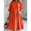 Women's Mid-Length V-Neck Cotton-Linen Dress with Short Sleeves and Three-Button Pockets