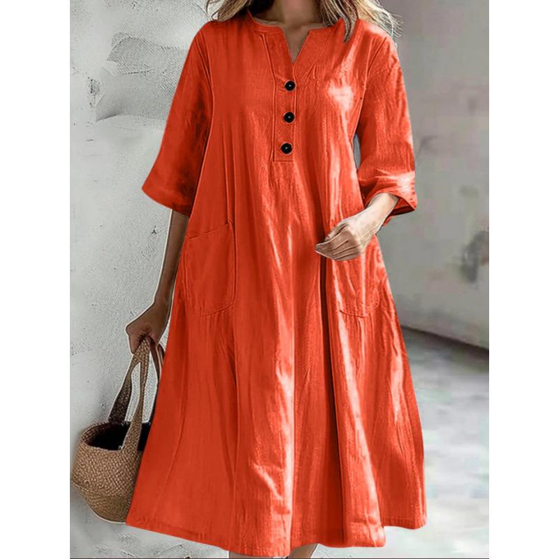 Women's Mid-Length V-Neck Cotton-Linen Dress with Short Sleeves and Three-Button Pockets