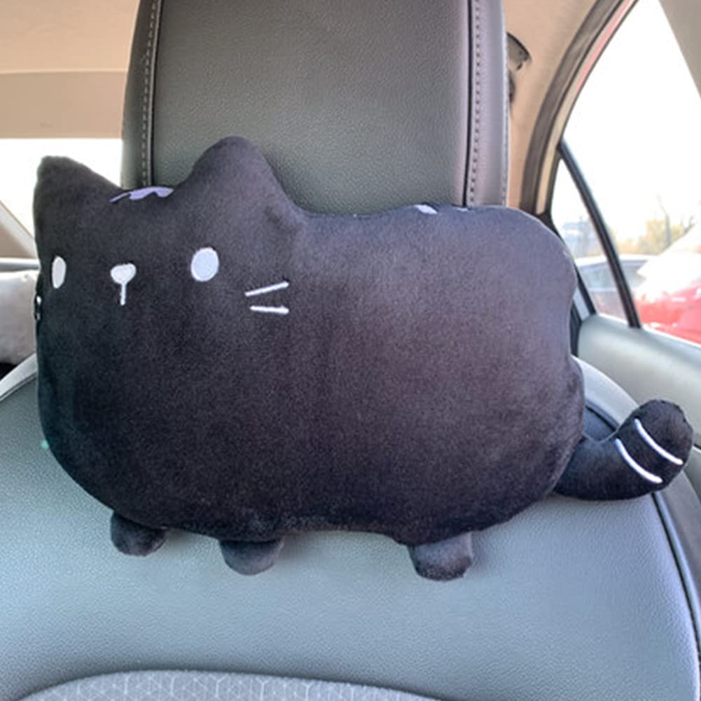 YUYAKESHI Neck Pad Headrest, Fluffy Cushion, Cute Cat Design, Car Driving Set, Buckle Included, Removable and Washable (Black Headrest)