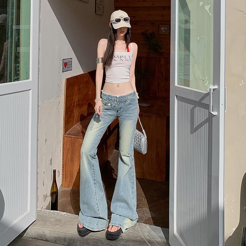 American Spice Girl light blue slightly pulled jeans women's summer new low-rise loose and thin wide-leg flared pants
