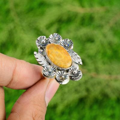 Natur Fossil Koralle Statement Blume Verstellbarer Ring 925 Silber Für Mädchen