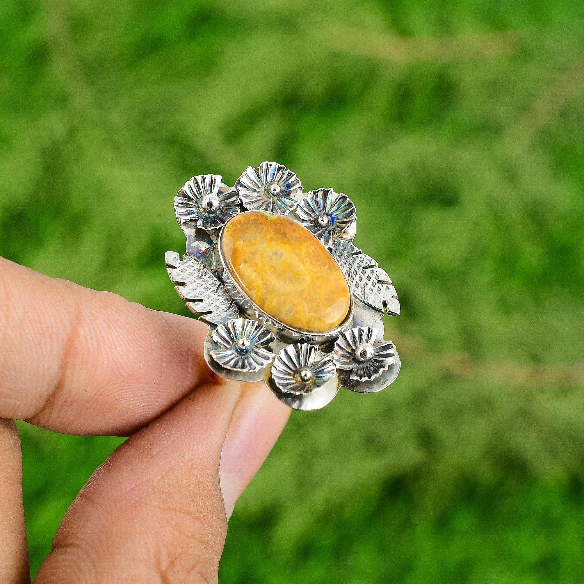 

Natural Fossil Coral Statement Flower Adjustable Ring 925 Silver For Girls Adjustable