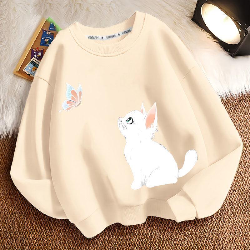 Sudaderas de Gato Lindas para Niños Otoño, Chaquetas Casuales Holgadas de Manga Larga y Cuello Redondo para Niños y Niñas