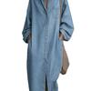 Damen Reverskragen Knopfleiste Hemdkleid Langarm Denim Midi-Kleid mit Taschen