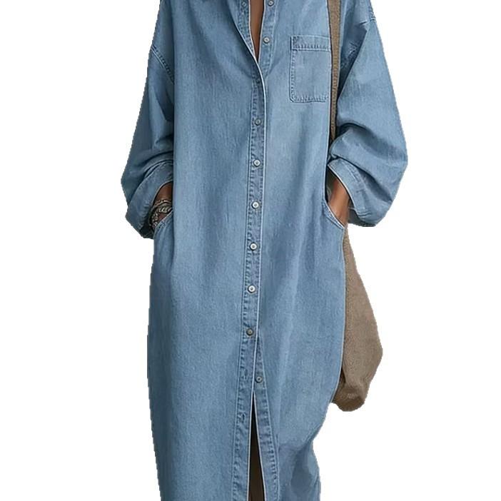 Damen Reverskragen Knopfleiste Hemdkleid Langarm Denim Midi-Kleid mit Taschen