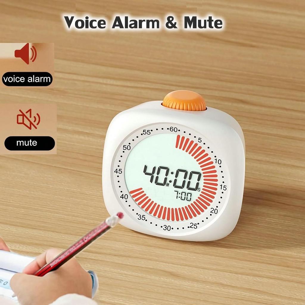 Pomodoro Digital Visual Timer with 3 Alarm Clock, All In One 60min Study Kitchen Shower Blacknight Cute Timer, Time Manager Tool