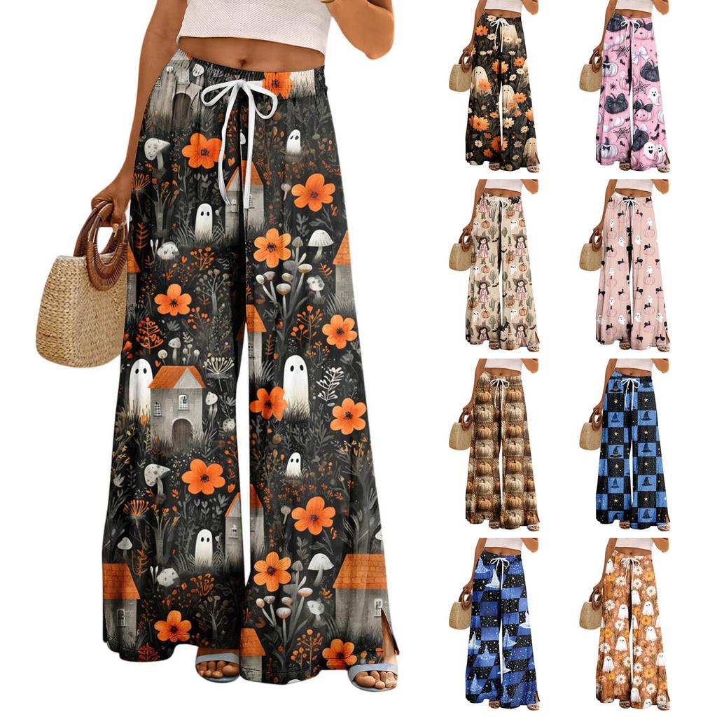 Women's Casual Wide Leg Pants Stretch Belt Pocket  Print Adjustable Tie Pants
