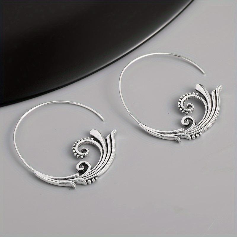 Retro Ethnic Silver Spiral Pattern Large Earrings for Women