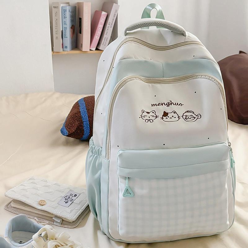 Grid Cat Fashion Embroidery Pattern Unisex Nylon School Backpack For Daily Use
