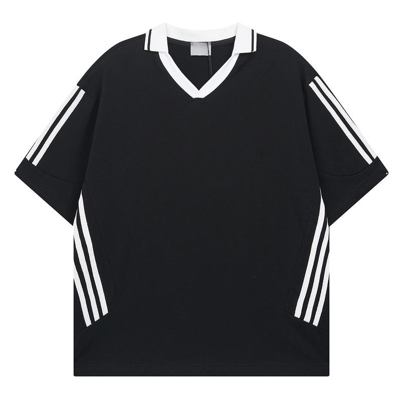 American Striped Loose Casual Short-sleeved T-shirt Couple Summer Trend V-neck Simple Red Men's and Women's Sports Top
