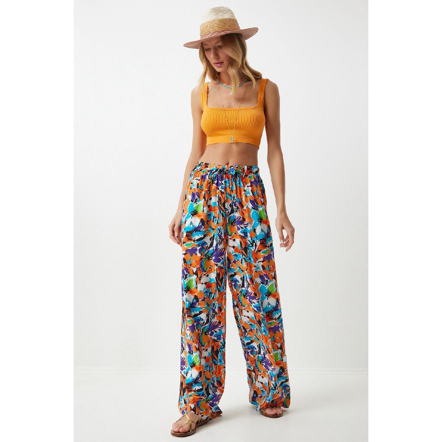 

Patterned Loose Viscose Palazzo Trousers Sky Blue Orange 36 синий