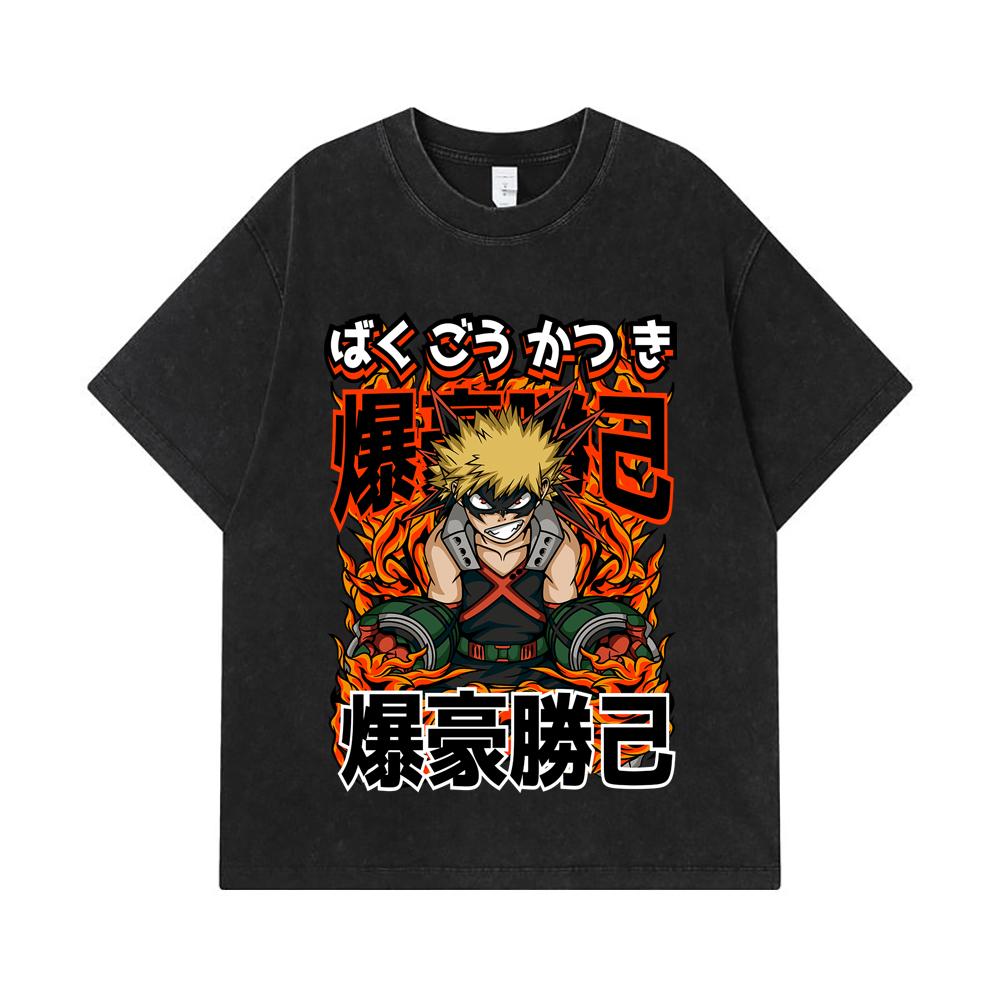 275 GSM Washed T-shirts 100% Cotton My Hero Academia V13 Bakugo Print Unisex Heavy Cotton T Shirt