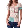 Women Slim Fit Square Neck Short Sleeve Top Vintage Floral Print Patchwork Ribbed Texture Stretchy Casual Shirt