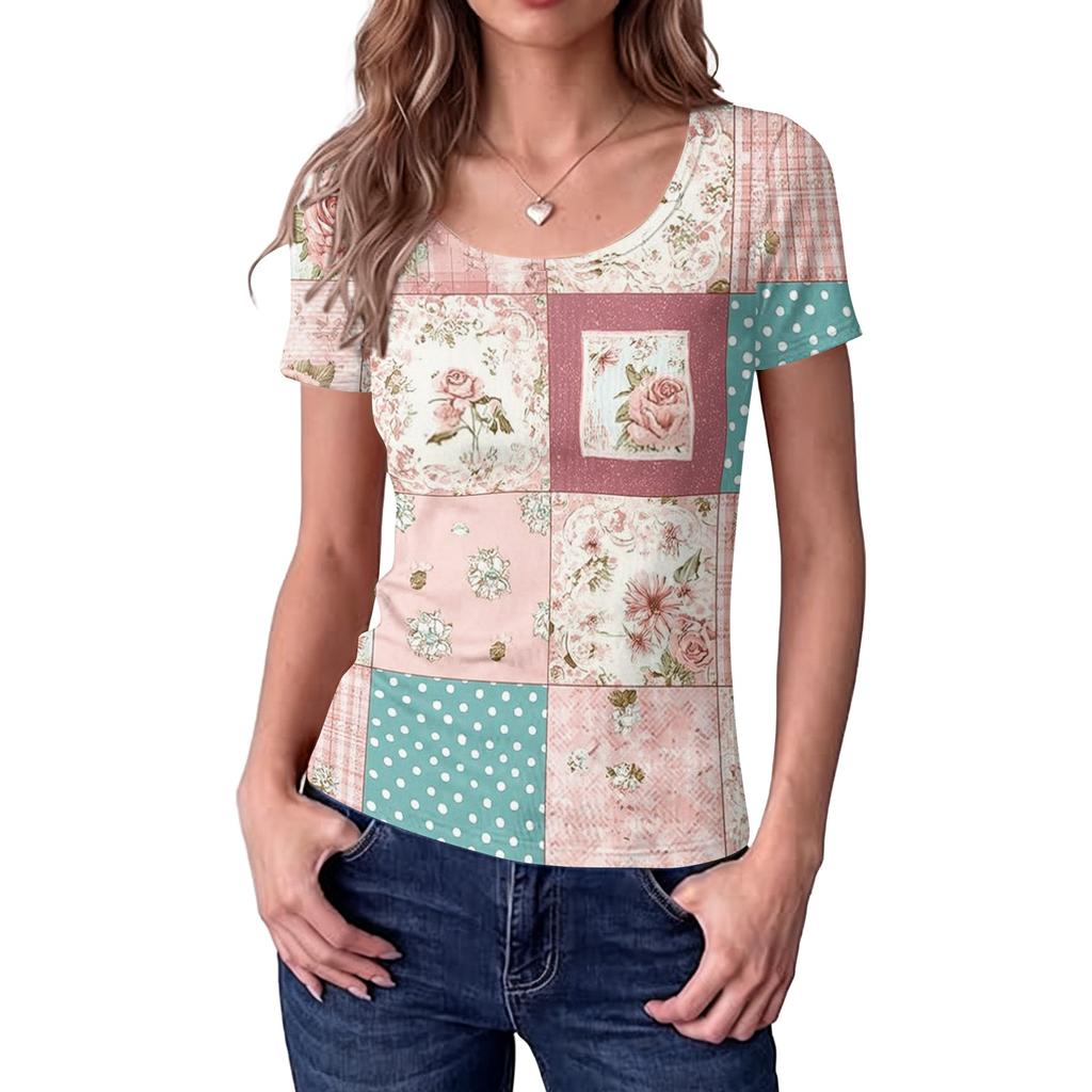 Women Slim Fit Square Neck Short Sleeve Top Vintage Floral Print Patchwork Ribbed Texture Stretchy Casual Shirt