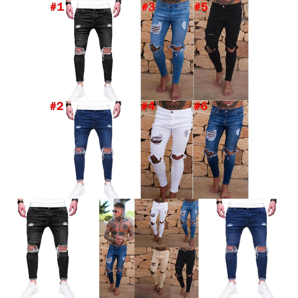 Premium Quality Slim Destroyed Stretchy Ripped Skinny Biker Jeans For Men Taped Fit Denim Pants