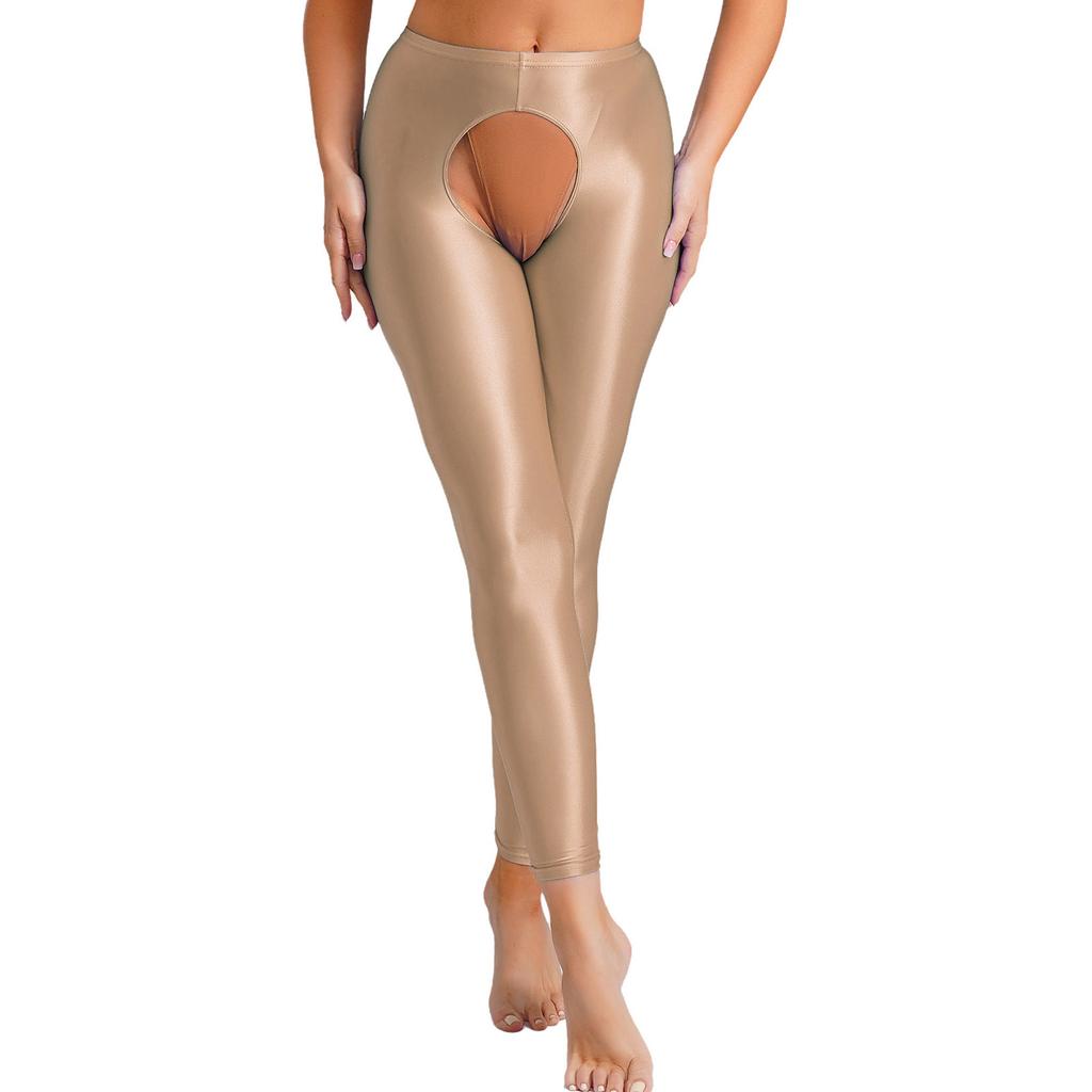 Womens Glossy Open Crotch High Waist Slim Fit Leggings Pants Tights
