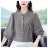 Women's Fashionable Red Plaid Stand-Up Collar Blouse - Seven-Sleeve Loose Fit for Summer 2025