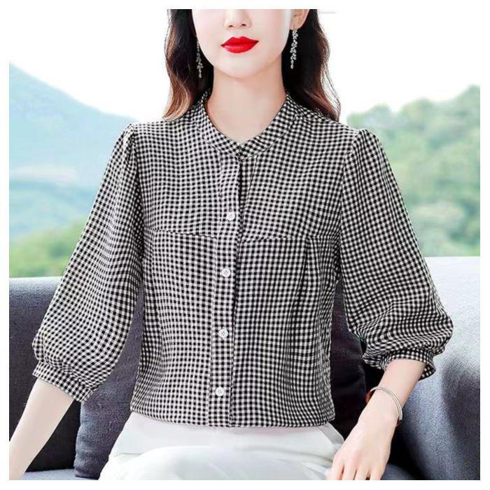 Women's Fashionable Red Plaid Stand-Up Collar Blouse - Seven-Sleeve Loose Fit for Summer 2025