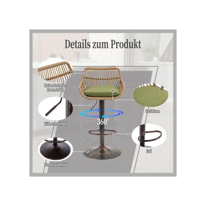Tabouret de bar - MUVOE - Lot de 2 - Réglable en hauteur - Métal et rotin - Couleur verte