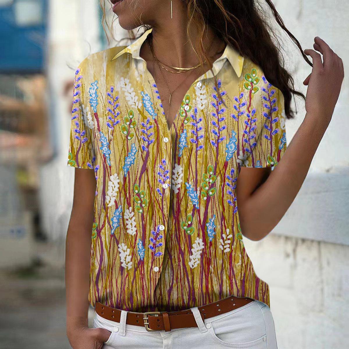 

2025 Summer New Fashion Women s Plant Printed Short Sleeve V-neck Casual Button-down Shirt Top 8XL жовтий