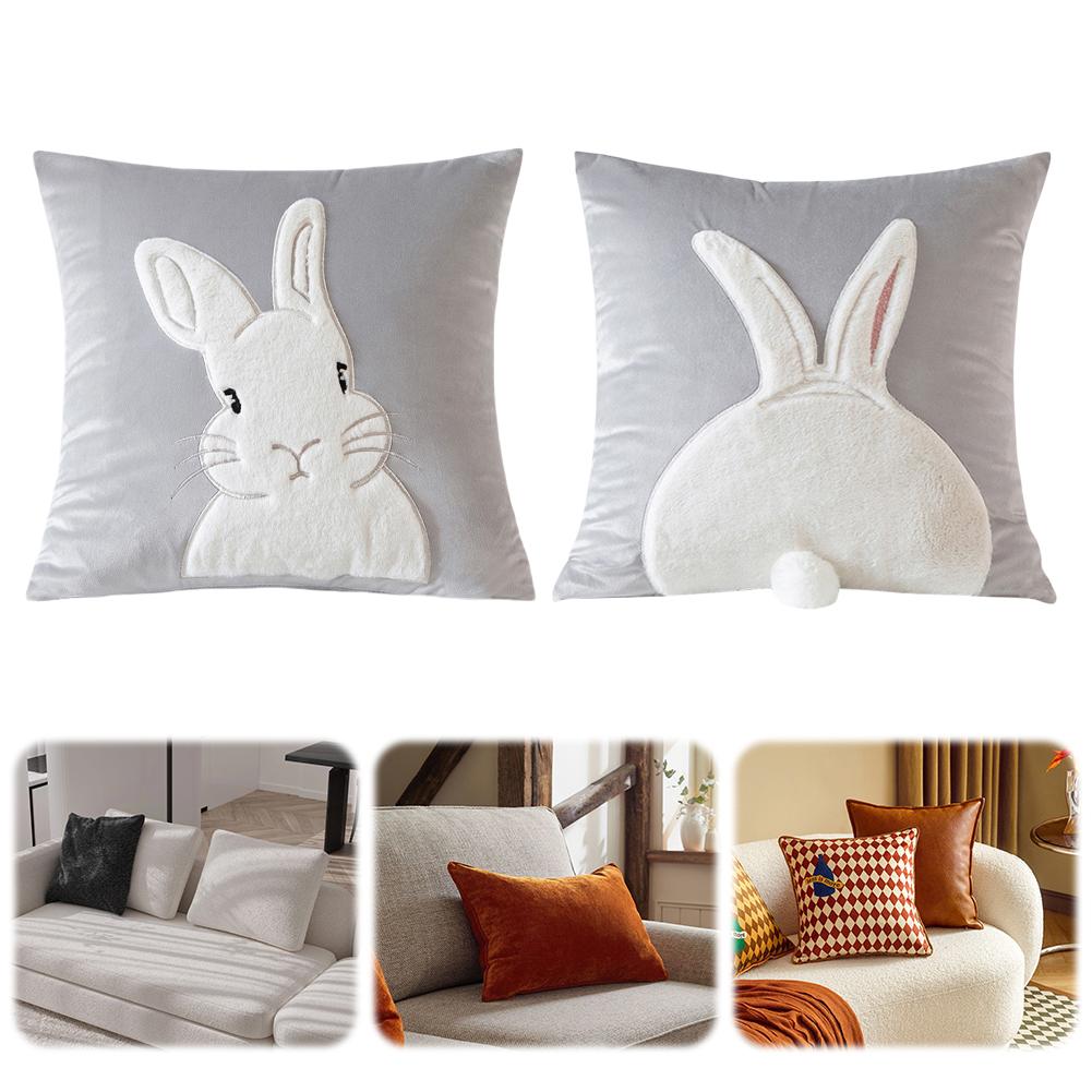 2Pcs Easter Bunny Soft Cushion Case 45x45cm Plush Rabbit Embroidered Pillowcase Rabbit Pattern Decorative Throw Pillowcase