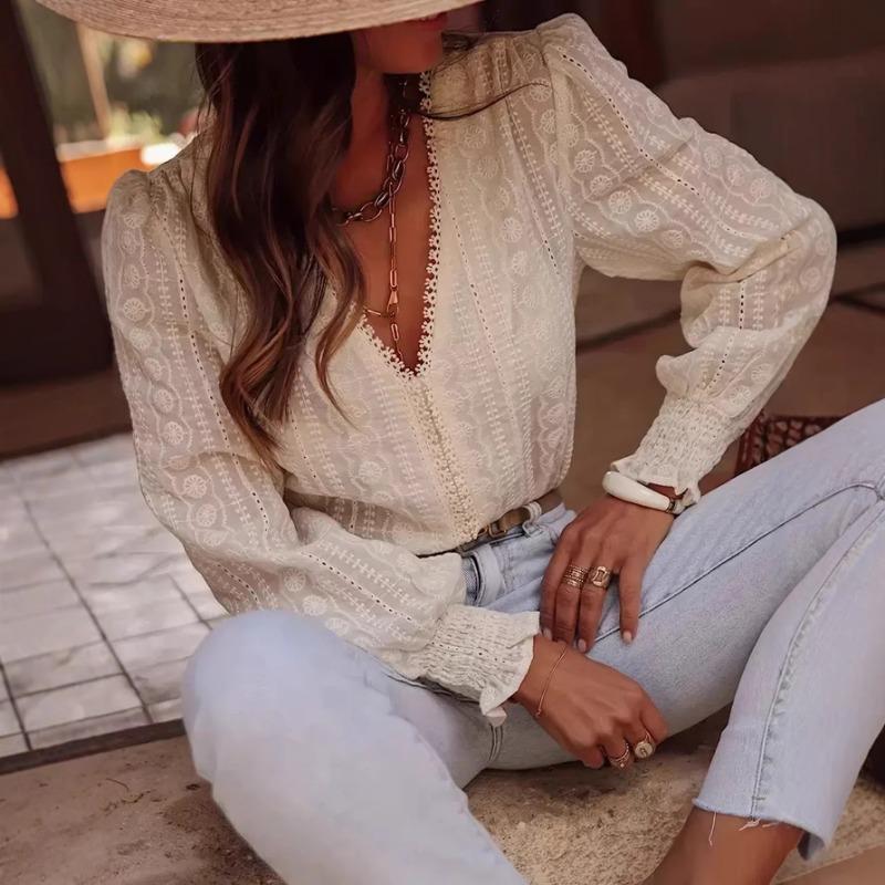 Women S French Style V Neck Long Sleeve Lace Blouse For Autumn S