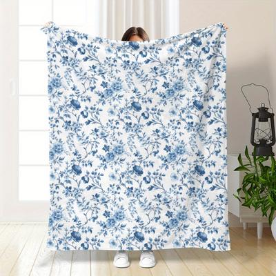 Home Soft Plush Throw Blanket - Blue Floral Print, Lightweight & Cozy for Couch, Sofa, or Bed, Sofa Accessory | Floral Pat