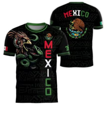 Mexican Flag Print T-shirt Men's Fun 3D Eagle Pattern Short Sleeve T-shirt Outdoor