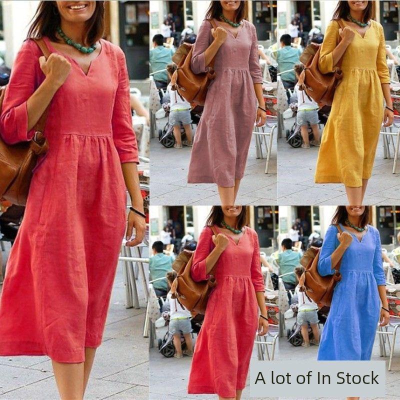 

Платья V-образный вырез женский длинный рукав хлопок повседневная элегантная одежда RED 4XL