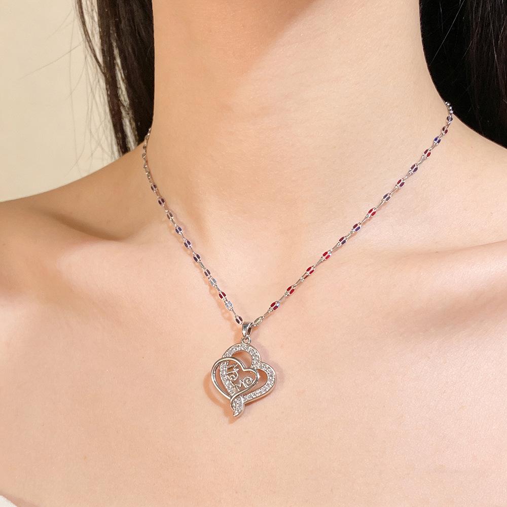 Heart Shape Mama Pendant Inlaid Zircon Titanium Steel Clavicle Necklace For Mother