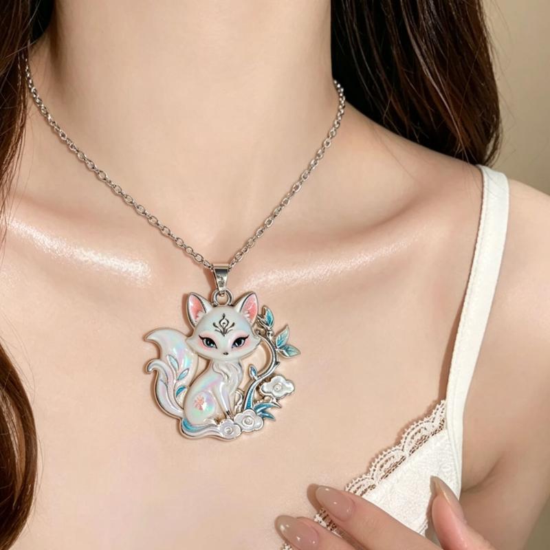 Nine Tailed Fox Enamel Pendant Necklace Colorful Hand-Painted Chinese Mythology Jewelry for Women Thanksgiving Gift