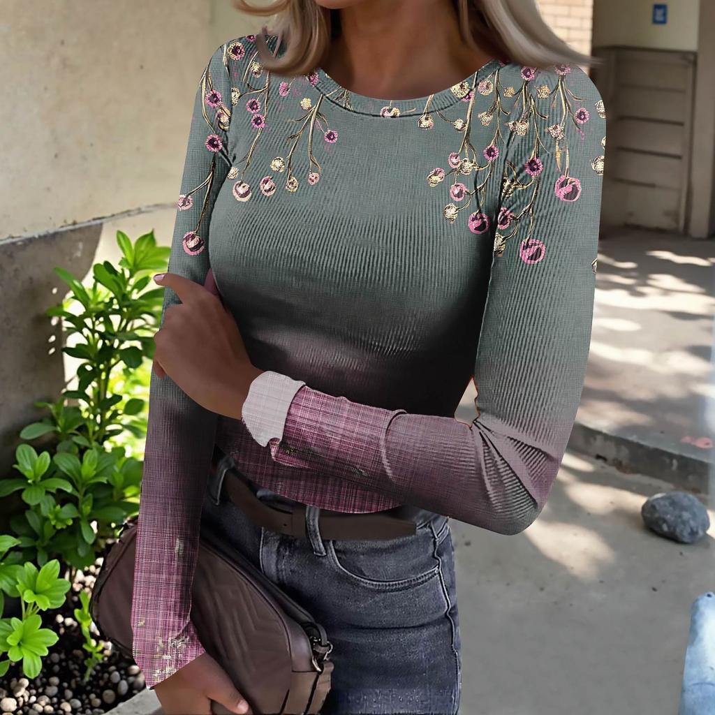 Women's  Slim Bottom T-shirt Fashion Casual Gradient Printing Round Neck Pullover Long Sleeve Top