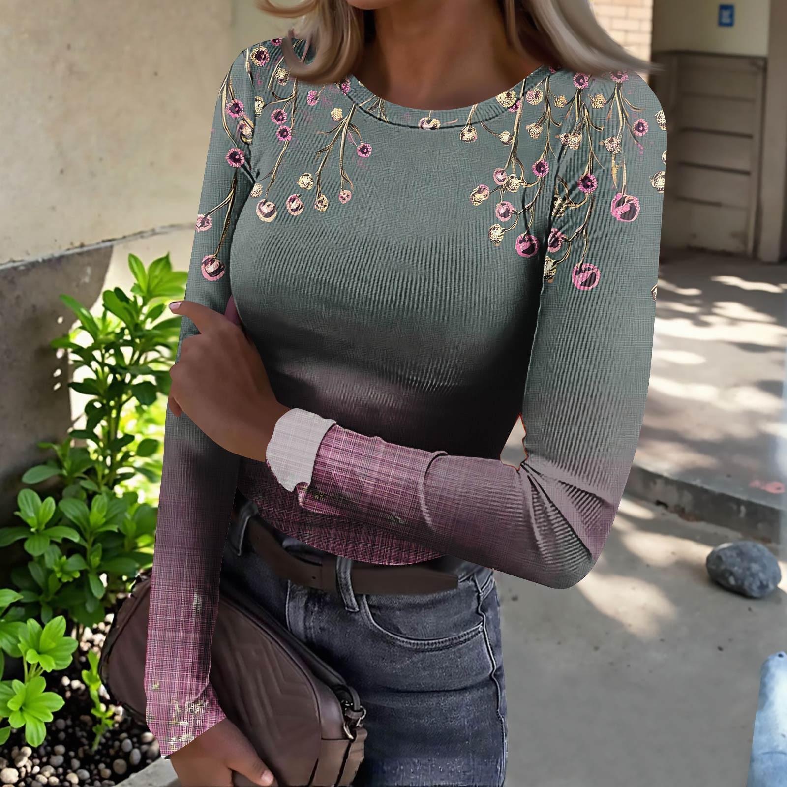 

Женская футболка с облегающим низом, модная повседневная с градиентным принтом, пуловер с круглым вырезом и длинными рукавами S