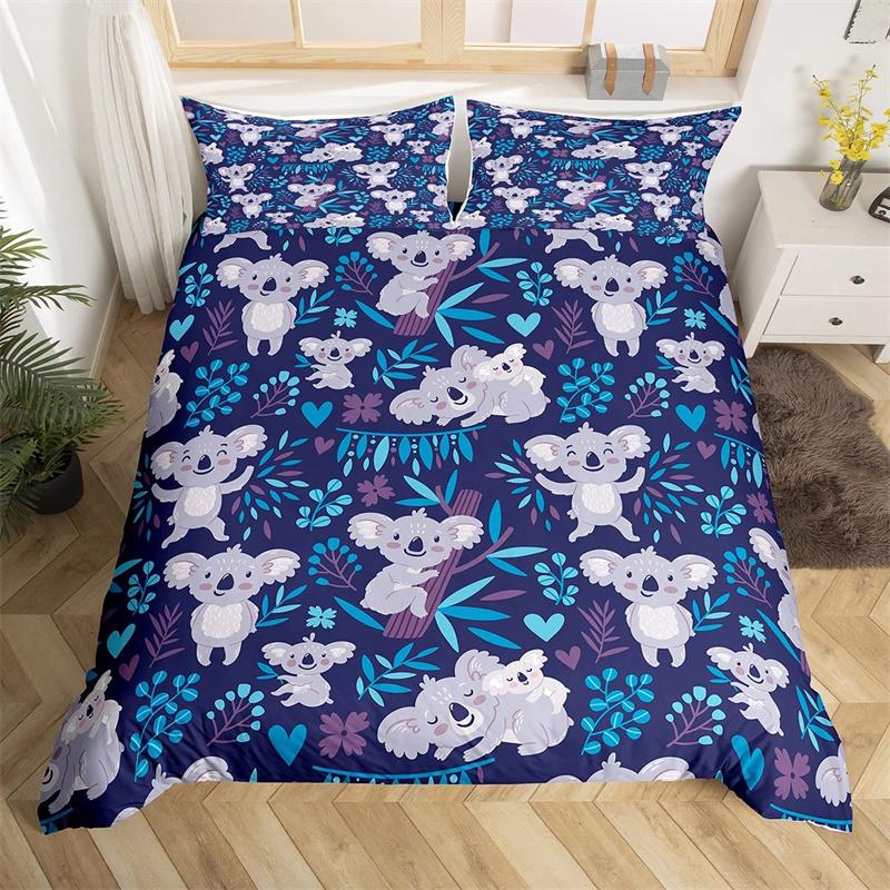 Kids Cute Koala Duvet Cover Microfiber Girls Cartoon Animal Bedding Set Twin King Australia Wild Animals Floral Comforter Cover