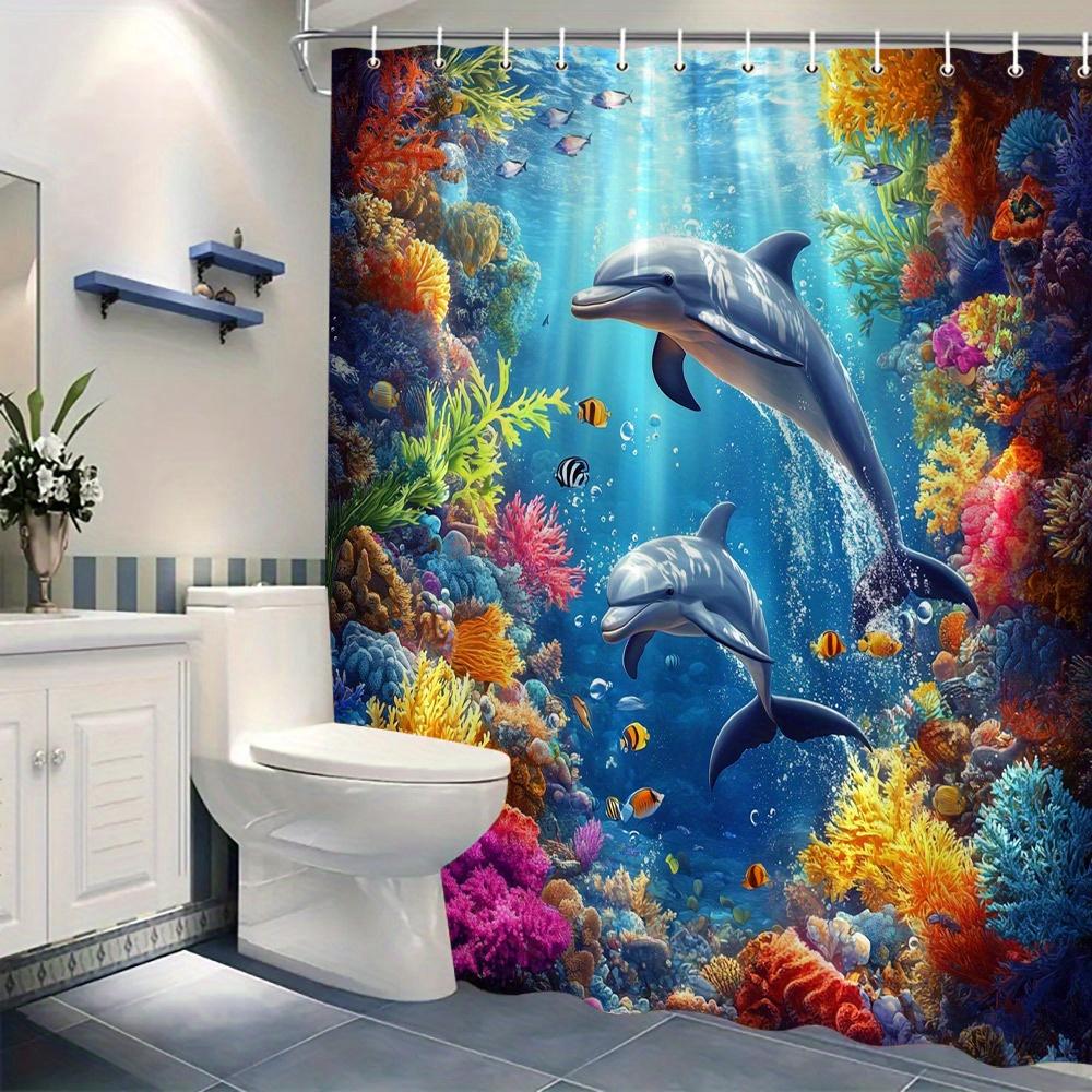 1Pc Dolphin Shower Curtain, Underwater World Simple Fashion Home Hanging Curtain, Bathroom Decor, Bathroom Accessories