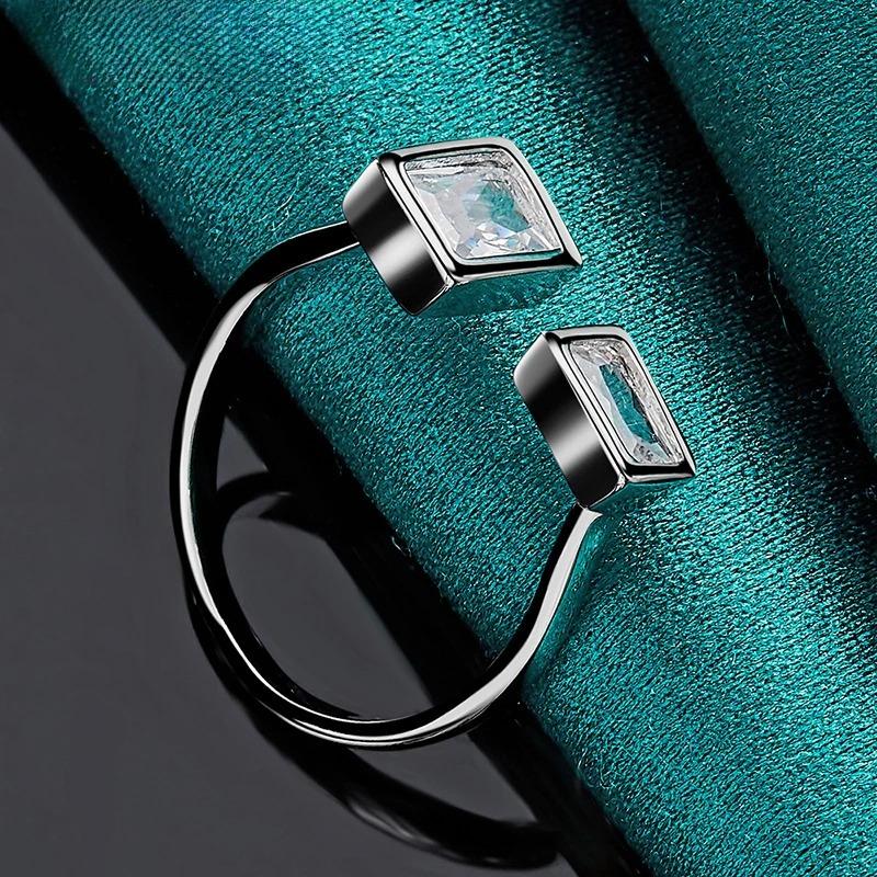 925 Sterling Silver Double Square Zircon Open Ring for Women Wedding Party Charm Fine Jewelry