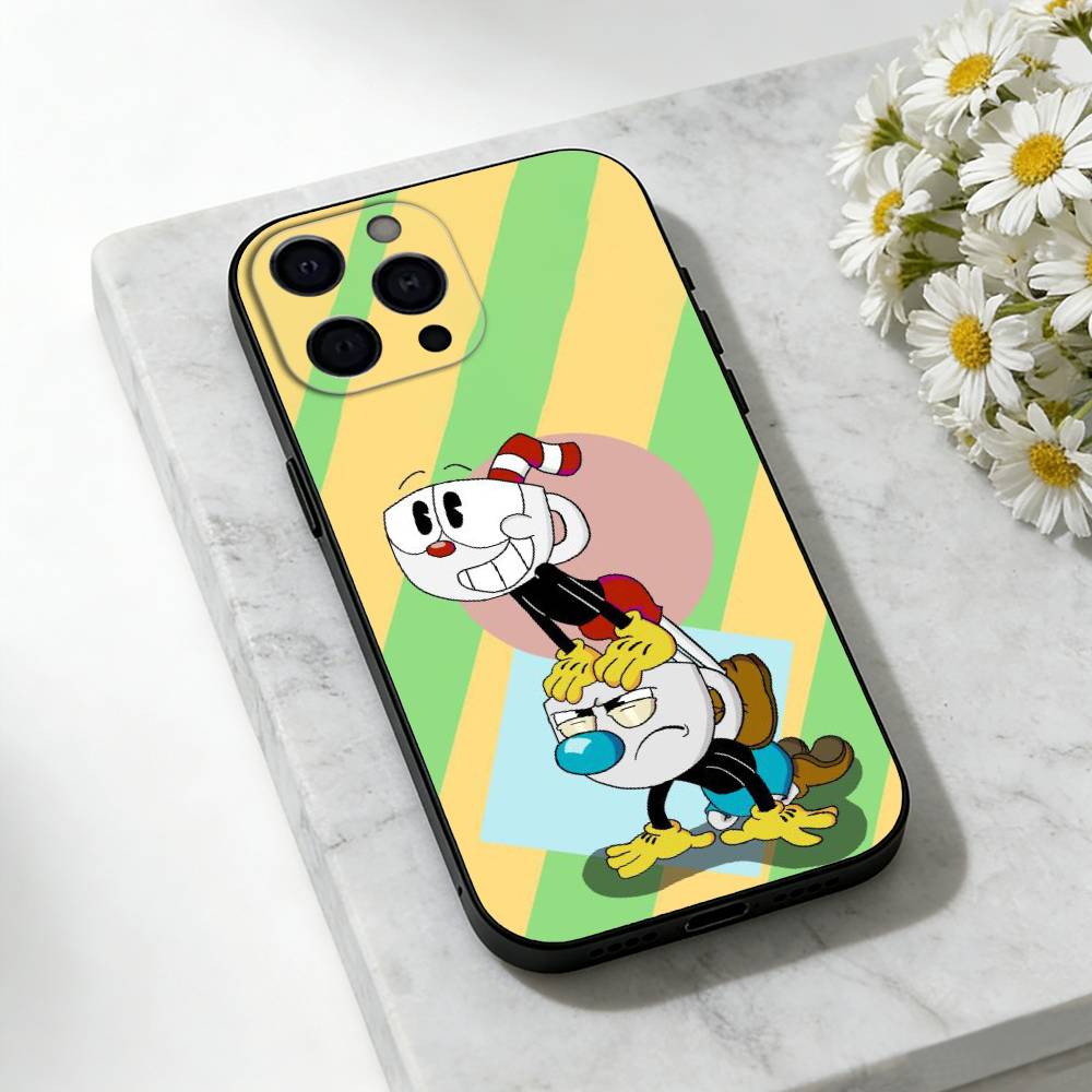 Cute CupHead And MugMan Phone Case For iPhone 17,16,15,14,13,12,11 Plus,Pro Max,SE4Soft Silicone Black Cover