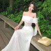 One-word Shoulder Dress Women's Summer New White Long Dress Lace Splicing Holiday Skirt