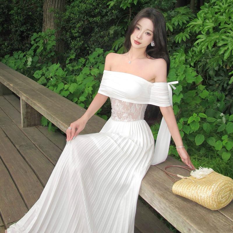 One-word Shoulder Dress Women's Summer New White Long Dress Lace Splicing Holiday Skirt