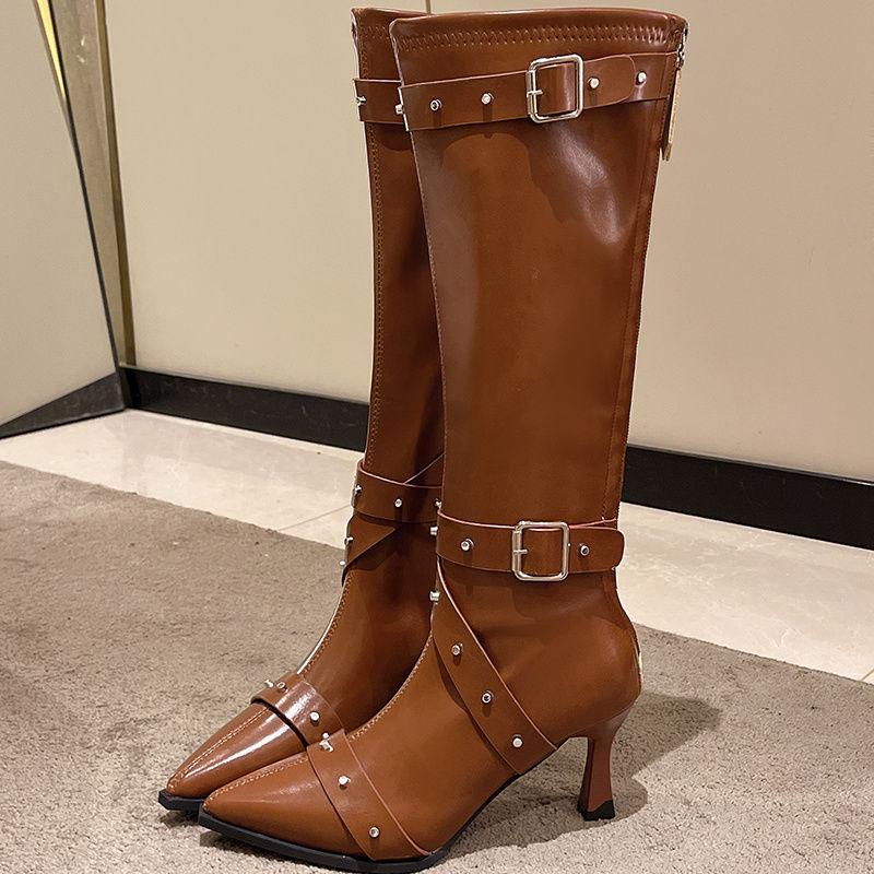 Fashion Autumn Winter Elegant Heeled Pointed Toe Rivet Leather Long Boots for Women Goth 2025 Chic New Rock Knee High Shaft Shoes Woman