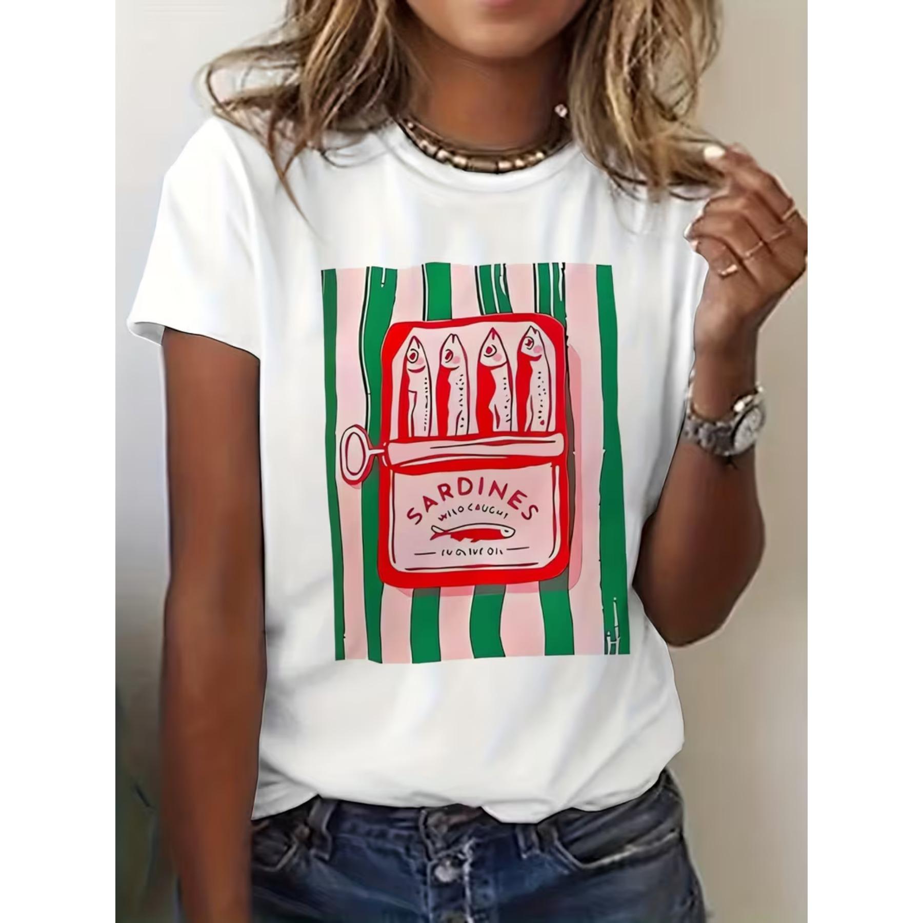 

Sardines Fish Art Retro Graphic Print T-shirt, Short Sleeve Crew Neck Casual Top for Summer & Spring, Women s Clothing XXL
