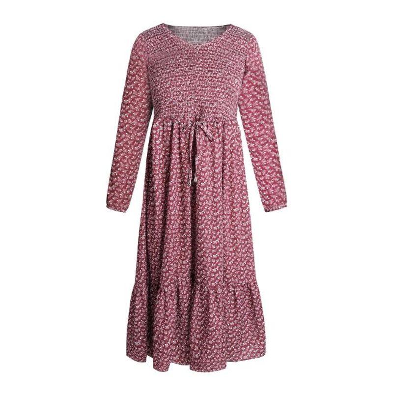 

Spring New Sweet Fashion round Neck Small Floral Smocking Silm Tied Lotus Leaf Long Sleeves Dress Dress Burgundy L
