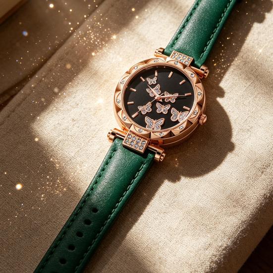 Ladies Butterfly Watch Artificial Leather Strap Quartz Watch Rhinestone Round Dial Fashionable Wristwatch for Women Party Office Date