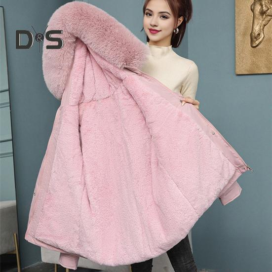 Women Winter Coat Thick Plush Furry Hooded Long Sleeves Pockets Drawstring Waist Zip-up Windproof Mid Length Overcoat Outdoor Outwear