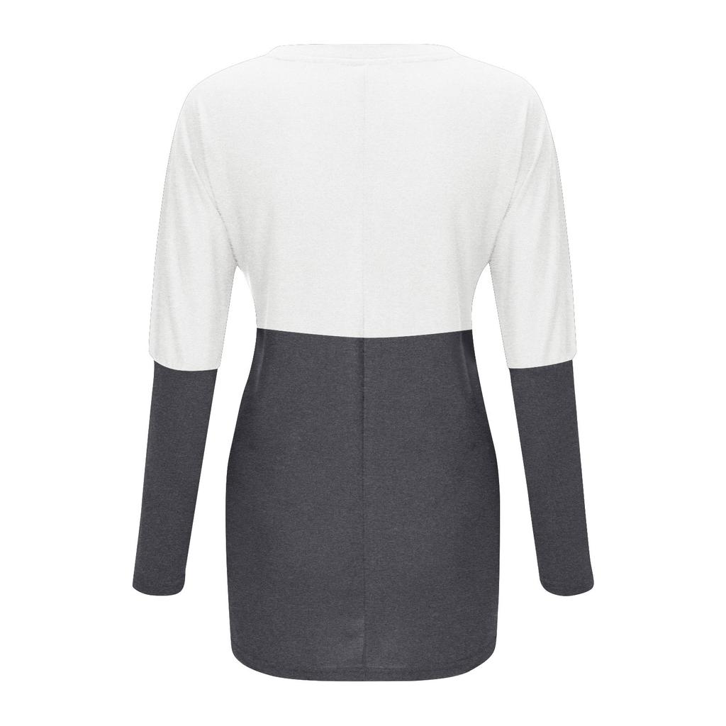 Women Fashion Casual Long Sleeve Patchwork Pockets Loose Tops Blouse