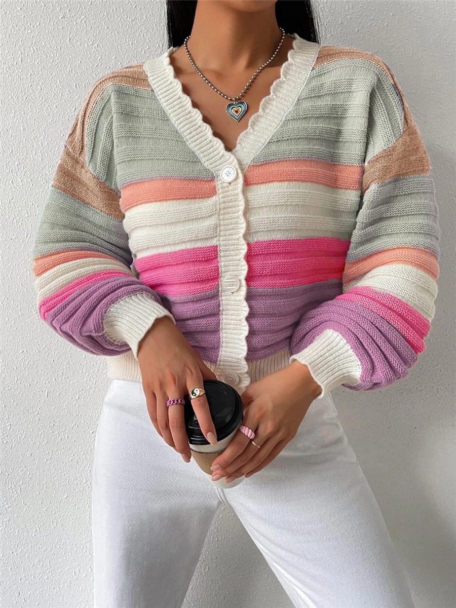 

Rainbow Striped Lantern Sleeve Knit Sweater Coat for Women Oversized Sweater,casual Wear,trendy S