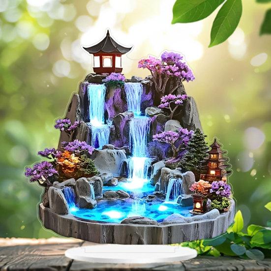 Yousheng 2Pcs Tabletop Rockery Ornaments, 2D Acrylic Rockery Waterfall Decoration with Base, Chinese Style Rockery Ornament for Desk And