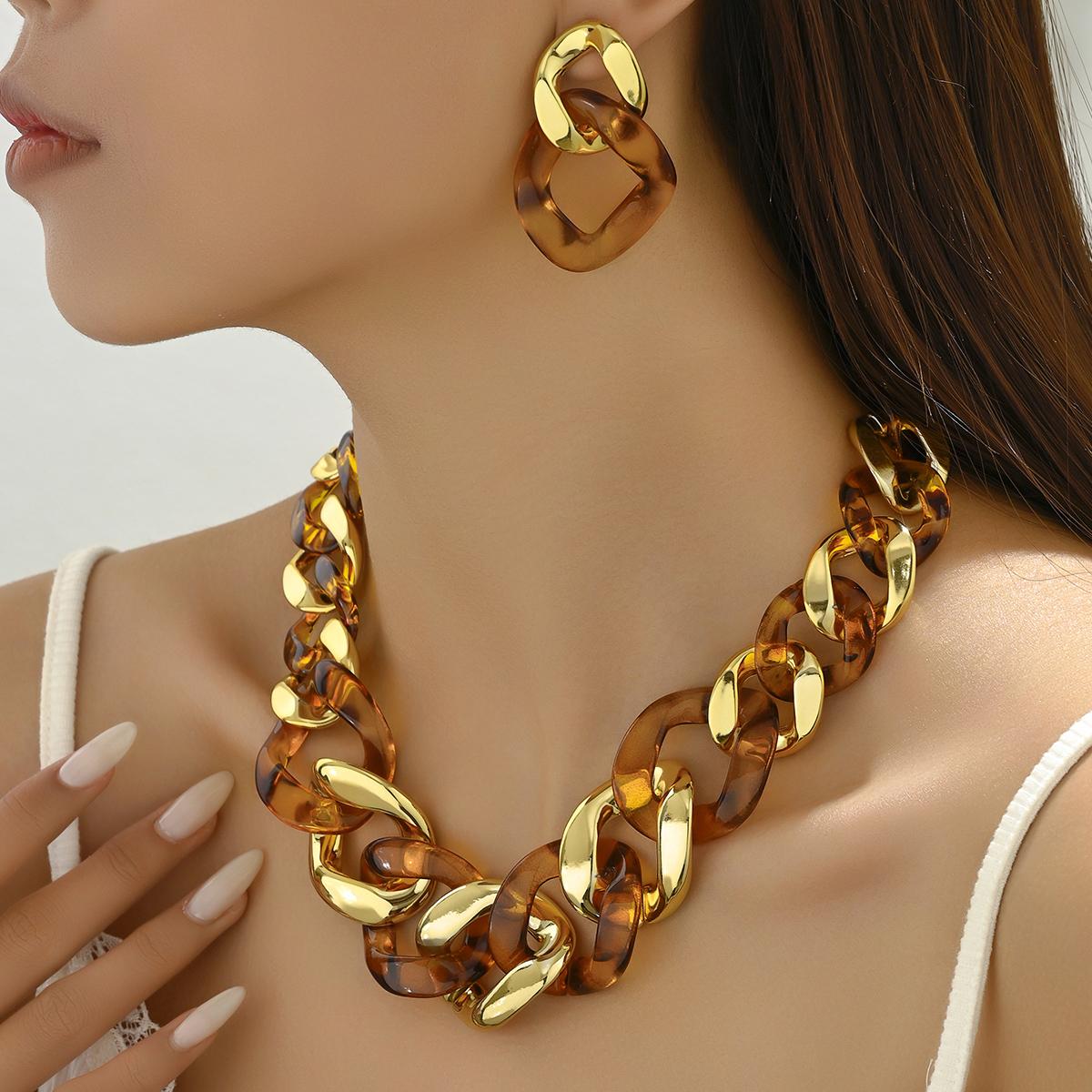 Exaggerated Fashion Necklace earrings for Women Wedding Bridal Temperament Bead Max Chain party Jewelry set