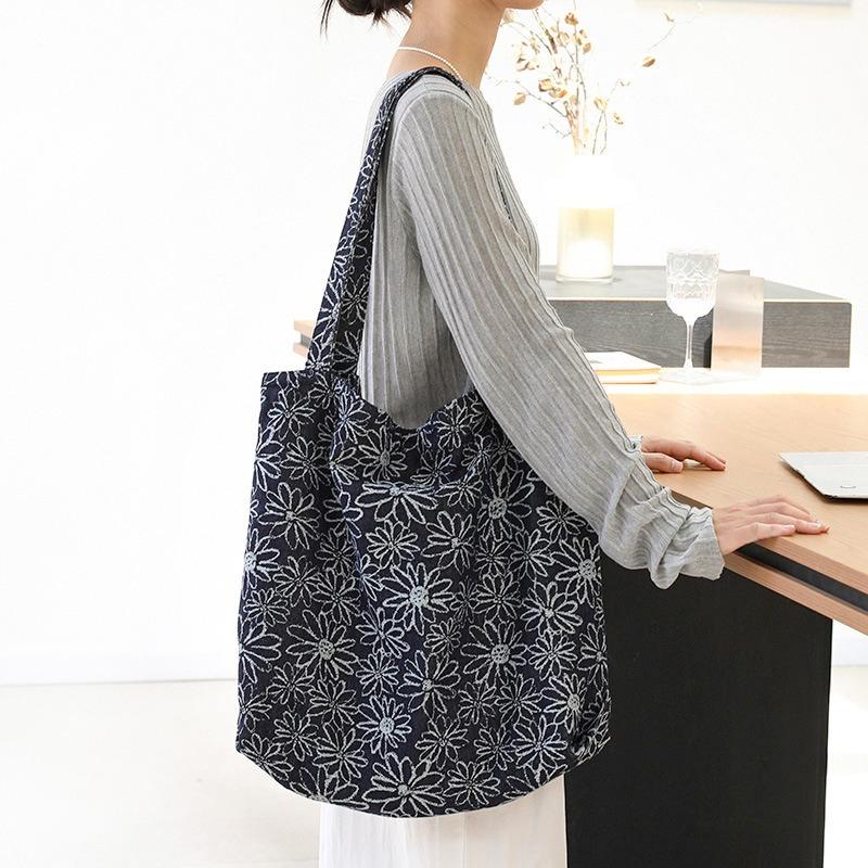 Casual Literary Tote Bag Versatile Fashion Embroidery Washing Water Flower Contrasting Color Shoulder Women's Bag