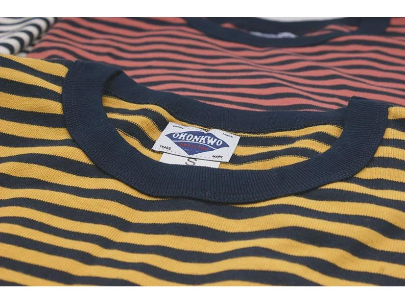 OKONKWO Letní pruhované pánské námořnické tričko khaki a tmavě modré